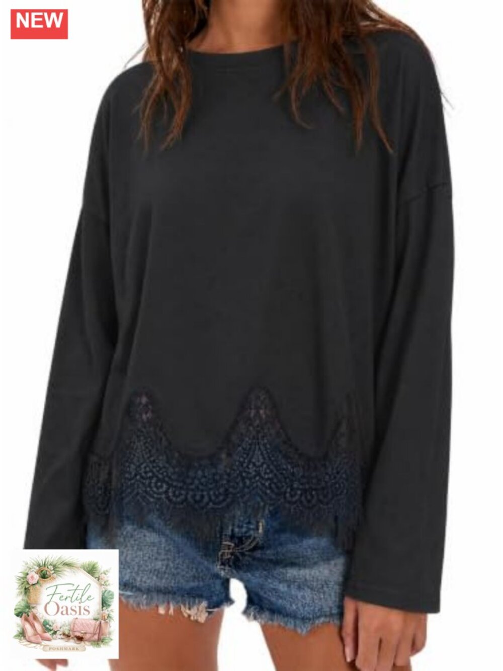 Lace Trim Long Sleeve Oversized Crew Neck Casual T Shirt